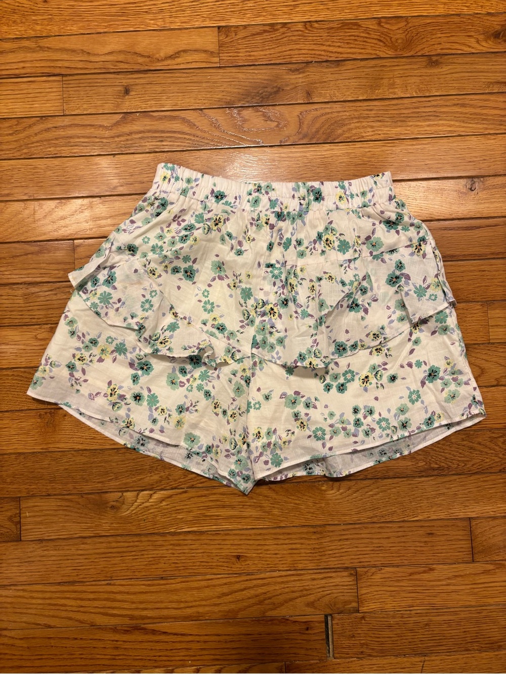 Heartloom Cream Floral Ruffle High Waist Shorts with Green and Purple Accents